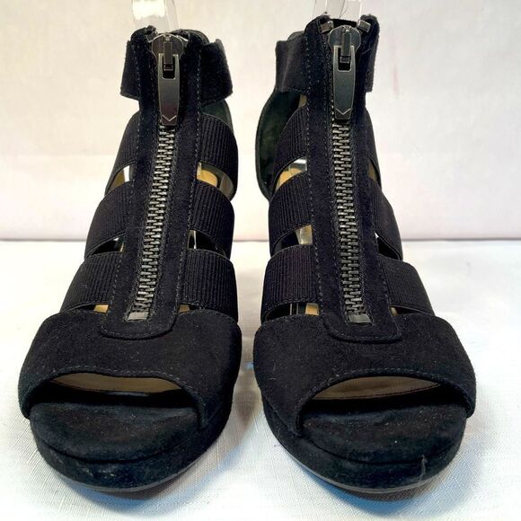 Black Suede Strappy Wedge with Front Zipper 3.5” Heel size 8 Like New - Picture 4 of 6